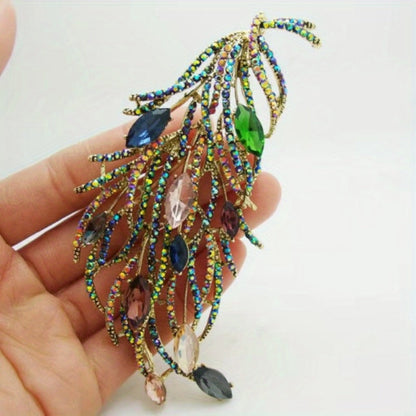 Brooch Pin - Feather Multicolor Rhinestone Long Feather Lapel Luxury Crystal Corsage - product detail view 2