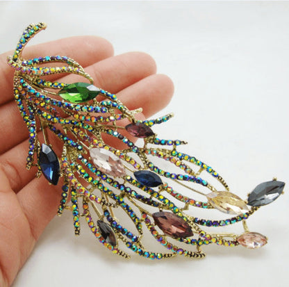 Brooch Pin - Feather Multicolor Rhinestone Long Feather Lapel Luxury Crystal Corsage - product detail view 5