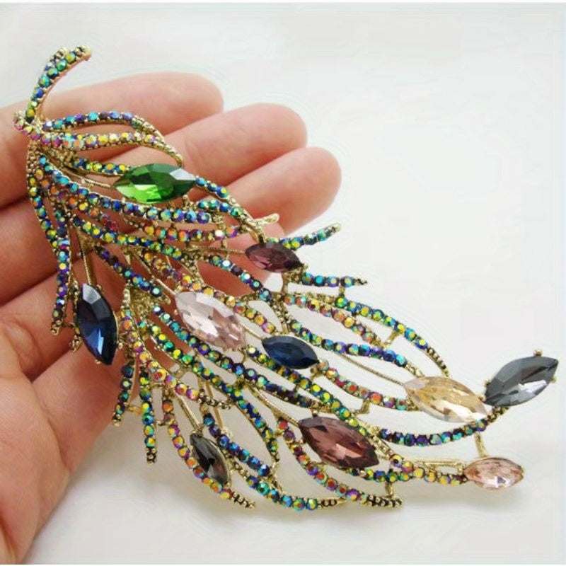 Brooch Pin - Feather Multicolor Rhinestone Long Feather Lapel Luxury Crystal Corsage - product detail view 7