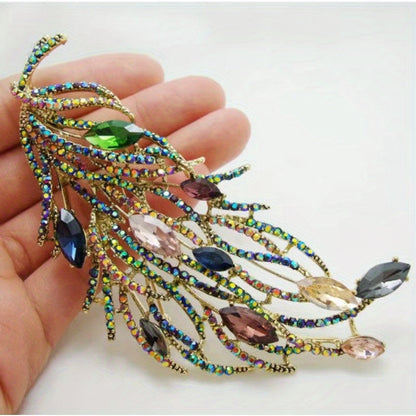 Brooch Pin - Feather Multicolor Rhinestone Long Feather Lapel Luxury Crystal Corsage - product detail view 7
