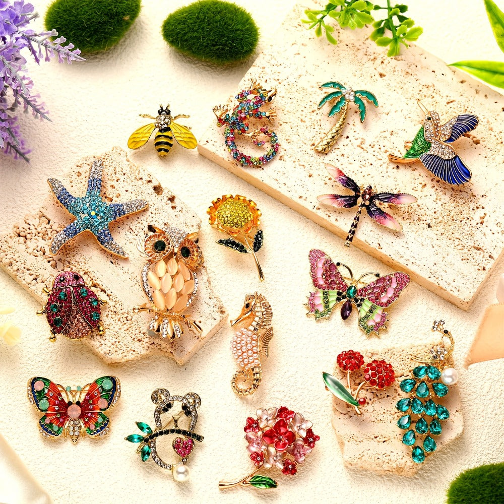 Brooch Pin - Set for Women 16pcs Rhinestone Vintage Animal Insect Plant Lapel Bulk - product detail view 2