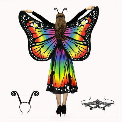 Butterfly Costume - Set Women 4pcs Fairy Wings Cape Skirt Antenna Headband Lightweight - product detail view 3