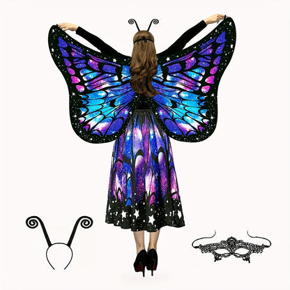Butterfly Costume - Set Women 4pcs Fairy Wings Cape Skirt Antenna Headband Lightweight - product detail view 5
