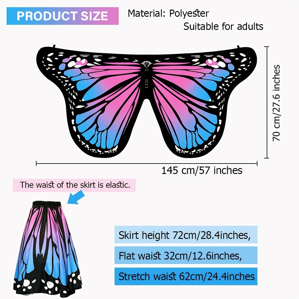 Butterfly Costume - Set Women 4pcs Fairy Wings Cape Skirt Antenna Headband Lightweight - product detail view 6