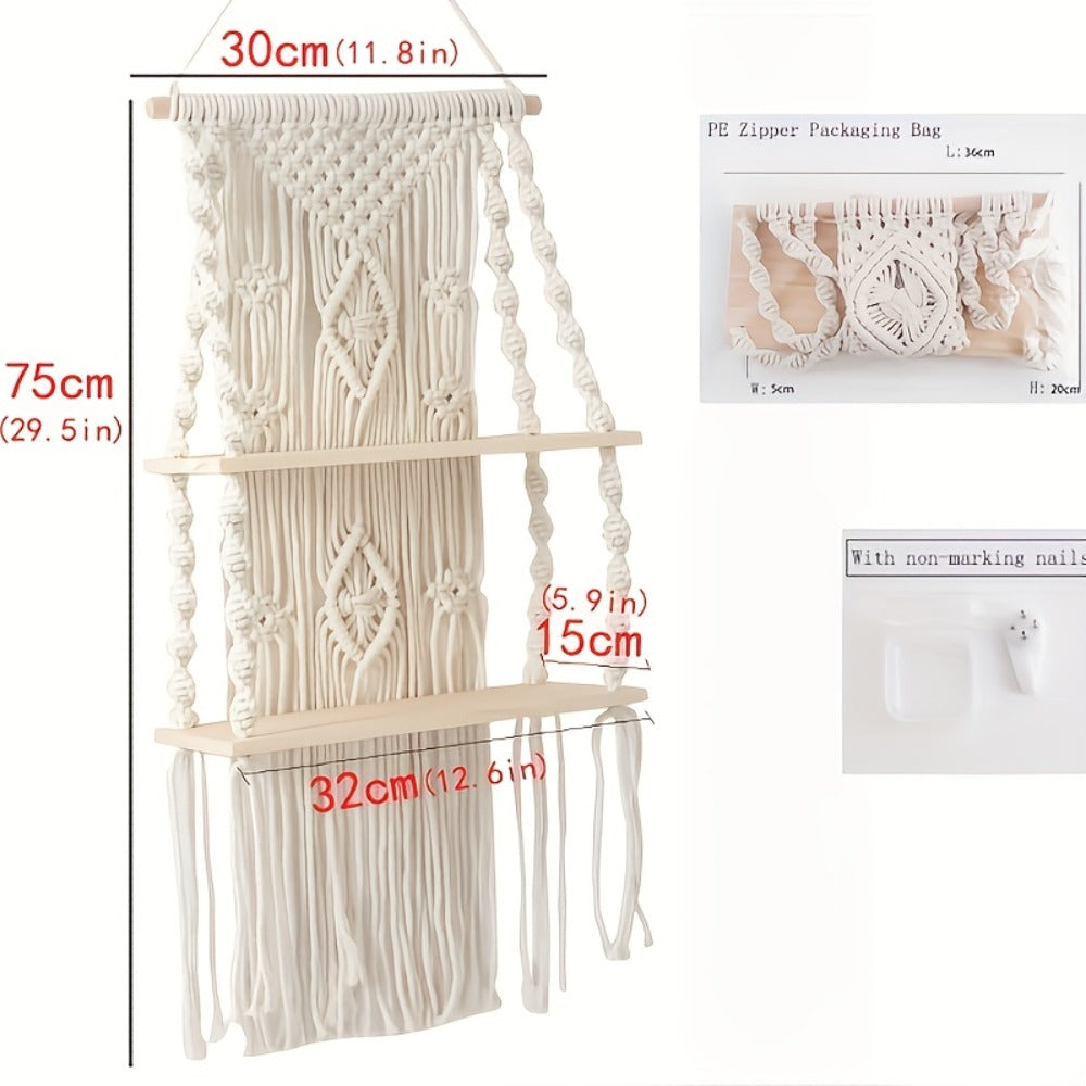 Macrame Wall Hanging with Tassel, Boho Woven Wall Decor for Living Room Bedroom Balcony, Two-Layer Lace Plant Hanger for Photo Frames & Small Plants – Bohemian Home Decor Wall Art