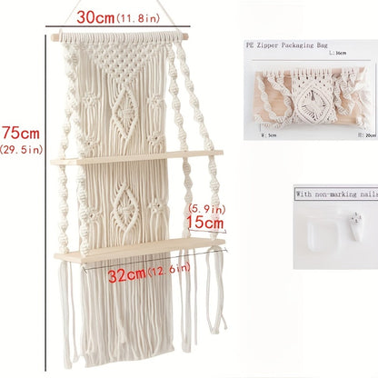 Macrame Wall Hanging with Tassel, Boho Woven Wall Decor for Living Room Bedroom Balcony, Two-Layer Lace Plant Hanger for Photo Frames & Small Plants – Bohemian Home Decor Wall Art