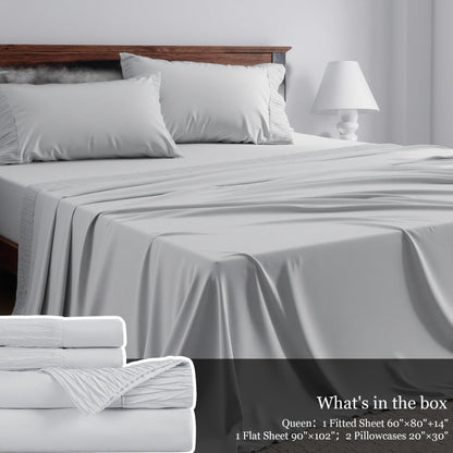 Sheet Set, Four-Piece Solid-Color Bedding with Deep-Pocket Fitted Sheet, Flat Sheet and Two Pillowcases