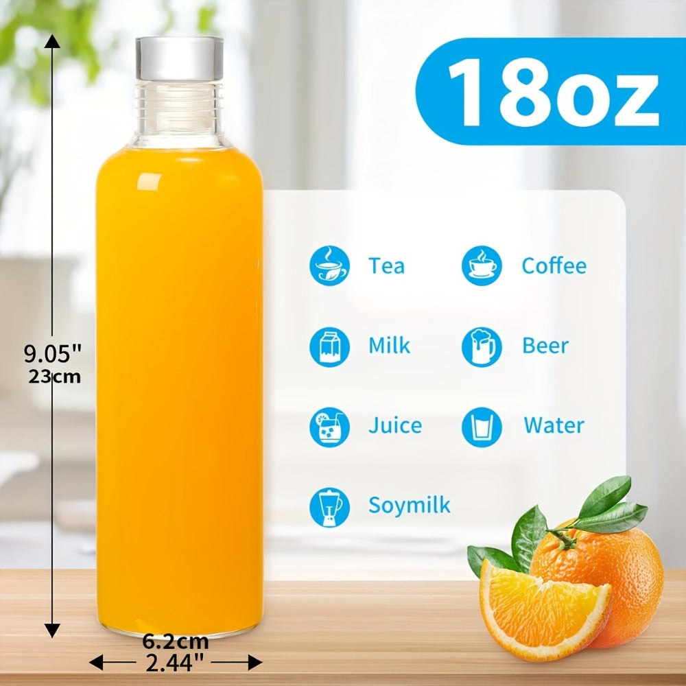 Glass Water Bottle Set, Six 18 oz Clear Bottles with Lids, Protective Sleeves and Cleaning Brush
