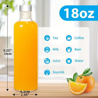 Glass Water Bottle Set, Six 18 oz Clear Bottles with Lids, Protective Sleeves and Cleaning Brush