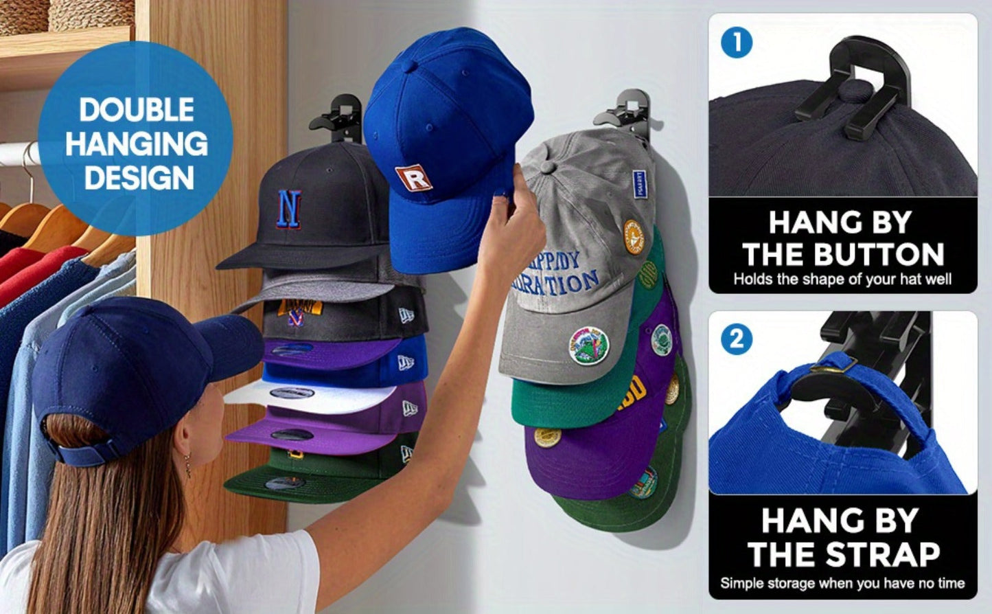 Wall Mounted Hat Rack for Baseball Caps – Adhesive or Drill Mount, Holds 20 Hats, Multilayer Storage, 2pcs