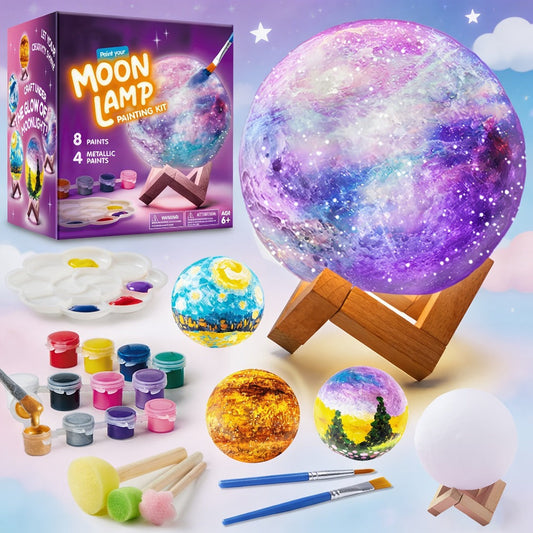DIY Moon Lamp Craft Kit for Kids Paint Your Own 3D Moon Night Light with 12 Paints 4 Metallic Colors 2 Brushes Wooden Base Arts and Crafts Gift for Girls Boys Ages 6+ Birthday Christmas