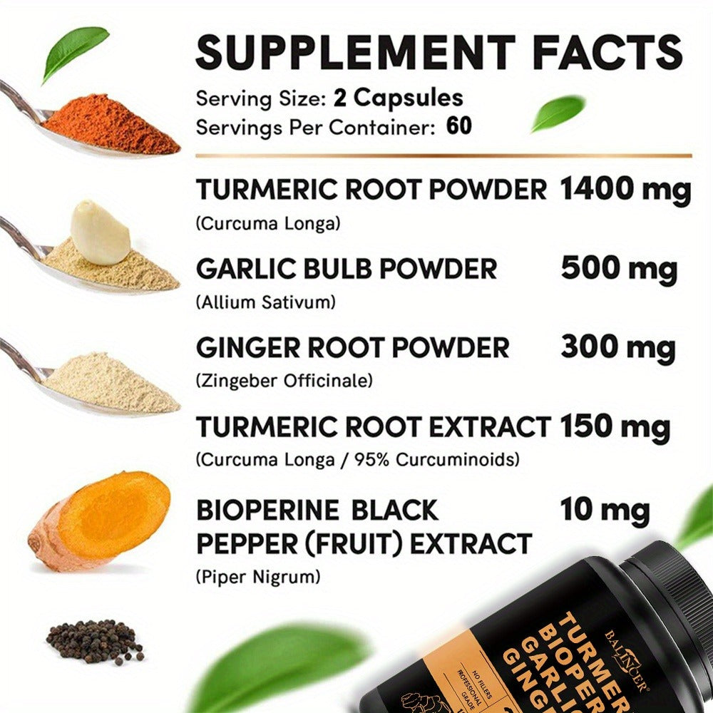Herbal Supplement with BALINCER Label, Turmeric Bioperine Garlic Ginger 2360mg per Serving, 120 Capsules