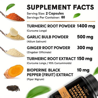 Herbal Supplement with BALINCER Label, Turmeric Bioperine Garlic Ginger 2360mg per Serving, 120 Capsules