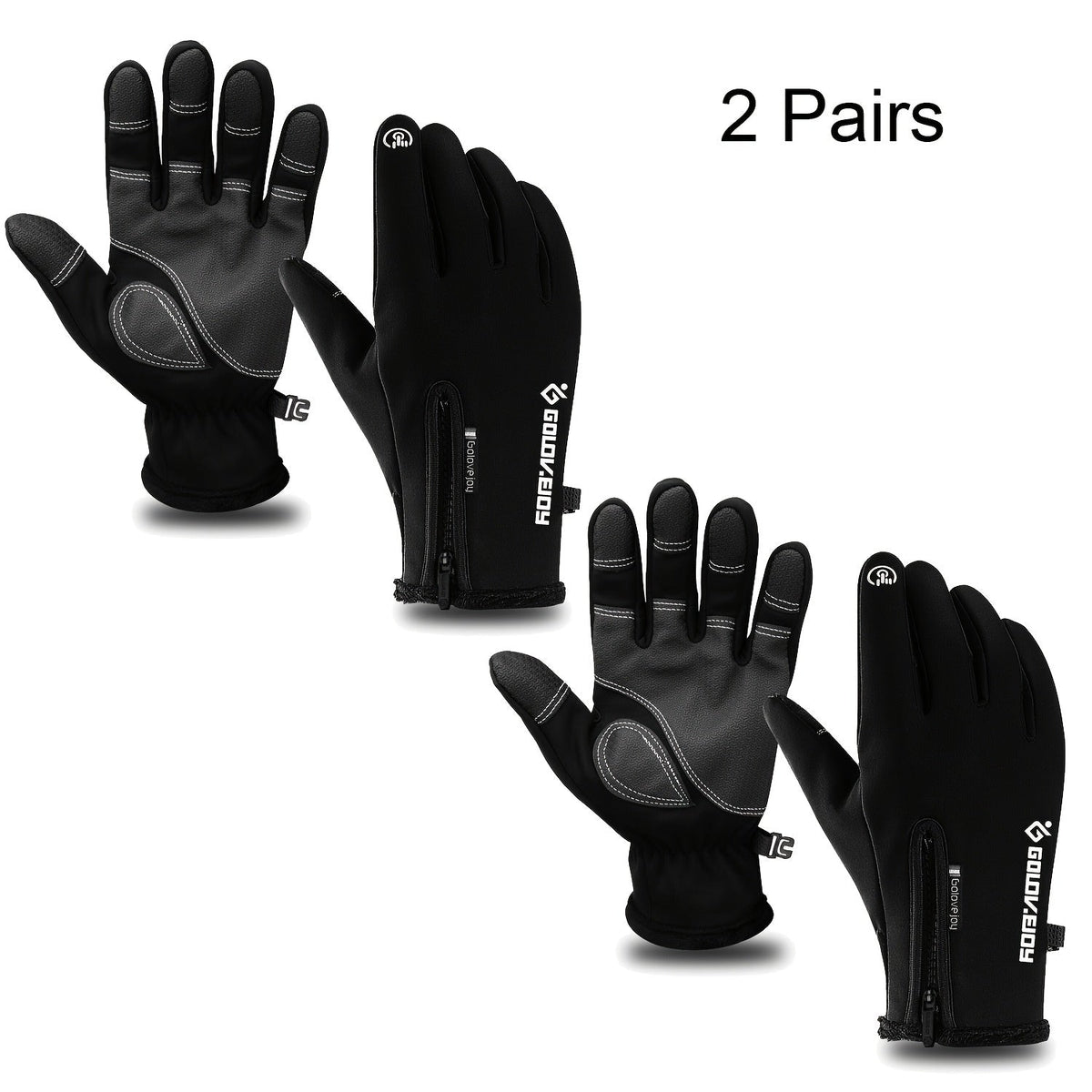 Two-Pair Full-Finger Winter Gloves in Black or Gray with Complete S, M, L, XL and XXL Size Grid