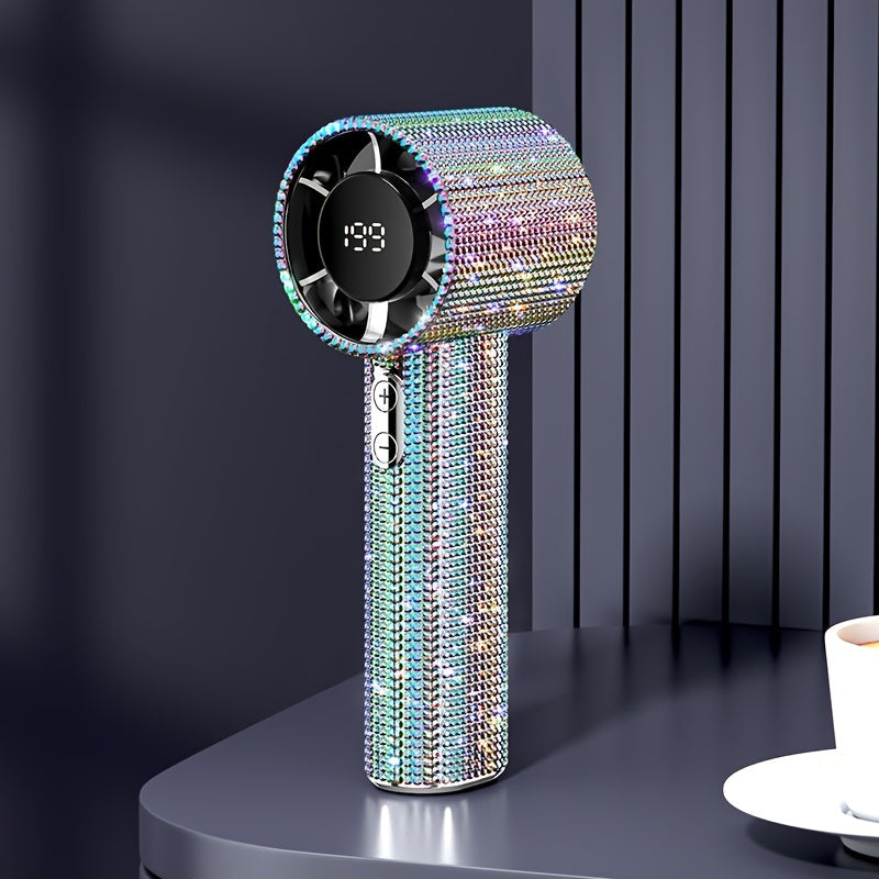 Rhinestone Handheld Fan with USB-C Charging, Digital Display, 199 Levels and Optional Beige Headset