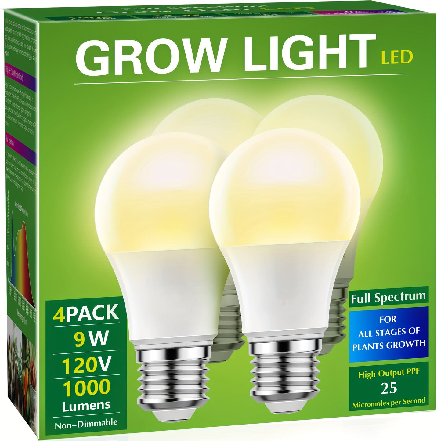 Grow Light Bulb A19 E26 Full Spectrum 9W 100W Equivalent | Natural White 4000K LED Plant Bulb for Indoor Plants Seed Starting | 2 4 6 12 Pack Options