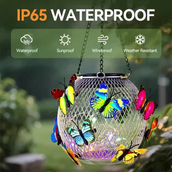 Solar Outdoor Lights 2-Pack Metal Butterfly Hanging Lanterns in Warm White or Multicolor for Porch Decor