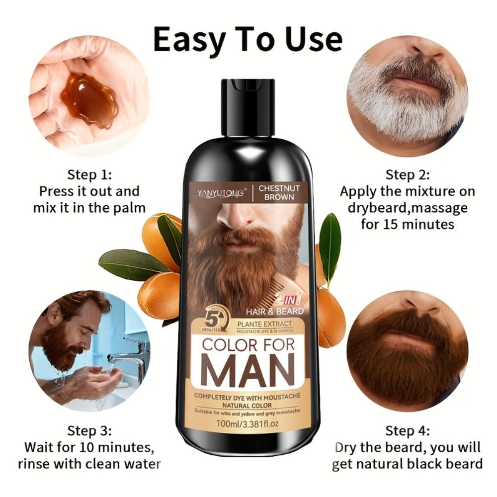 Gray Beard Dye Shampoo for Men 2-in-1 Semi-Permanent Natural Sulfate-Free Formula — Colors & Conditions in One Step, Fast Gray Coverage for Beard Sideburns & Hair, Black Brown Chestnut Brown