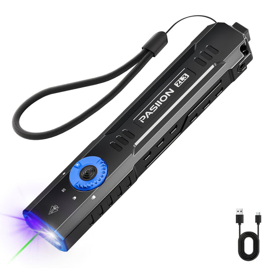 Flashlight Flat EDC Triple-Light Torch with White, Green and UV LEDs, Type-C Charging and Glass Breaker