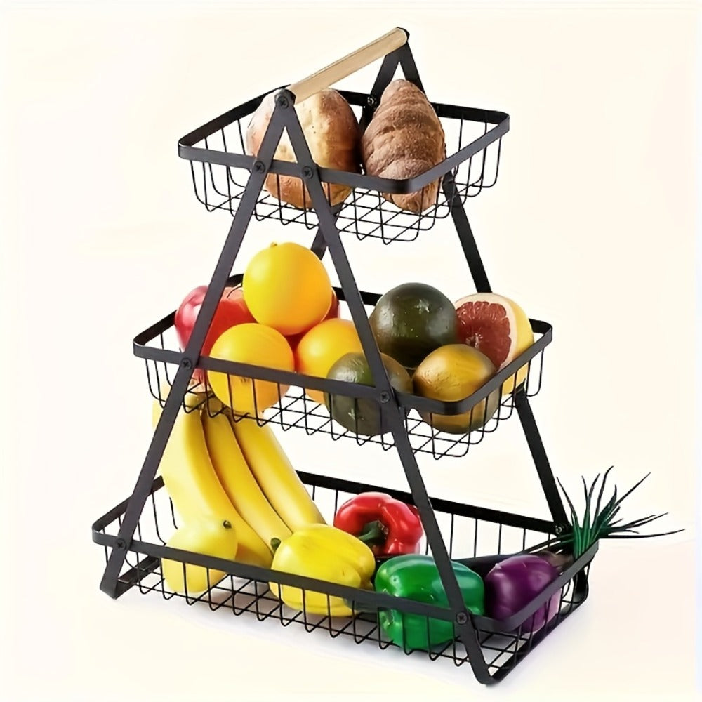 Freestanding Tiered Metal Wire Storage Basket with Wood-Tone Top Handle in Two- or Three-Tier Options