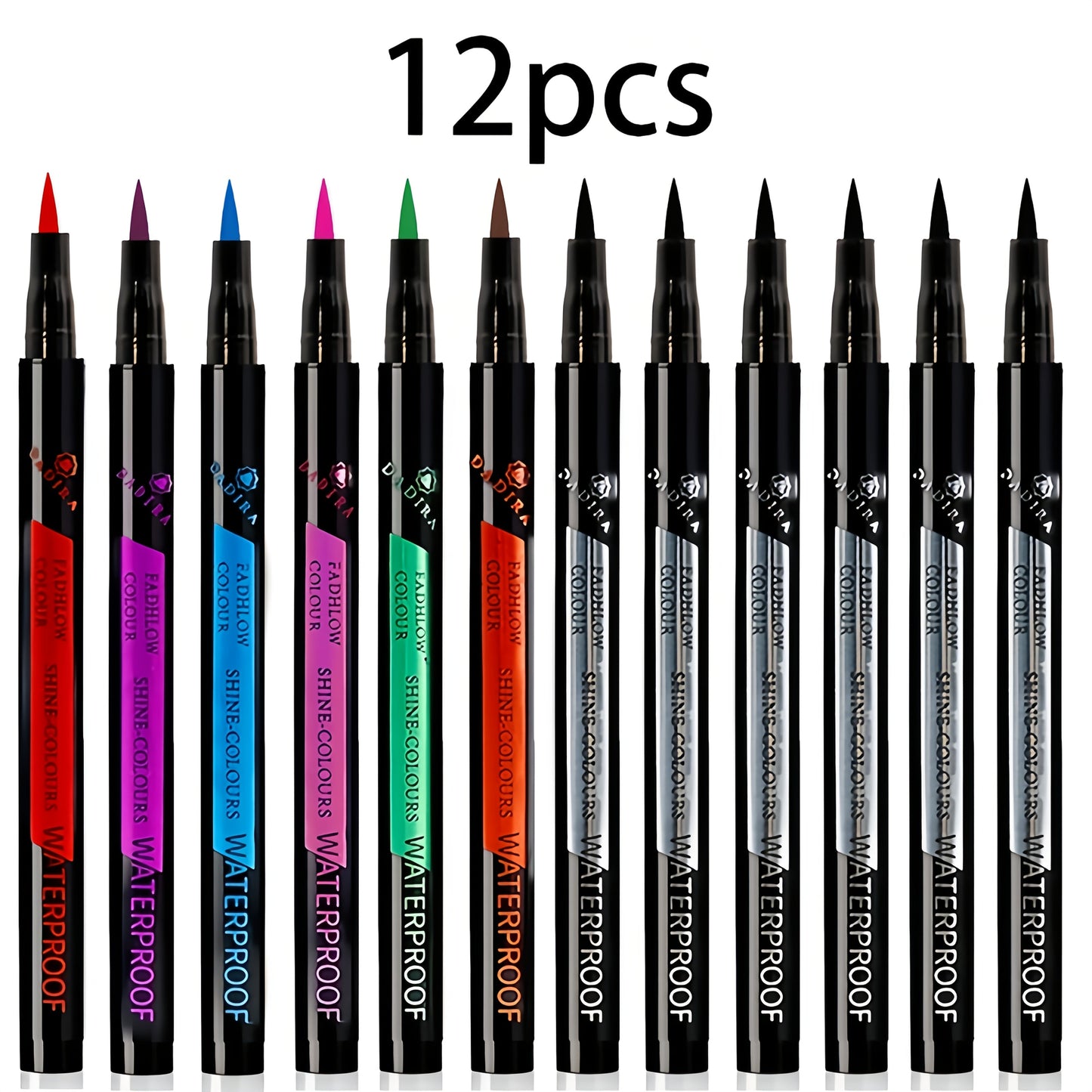 Fine-Tip Liquid Eyeliner Pen Set with Twelve Black and Bright Color Pens for Graphic Eye Looks