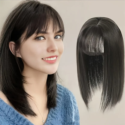 10-Inch Clip-In Hair Topper with Bangs in Black, Dark Brown or Light Brown Crown Coverage Options