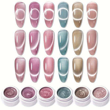 MORDDA Magnetic Cat Eye Gel Polish Kit 6 Colors with Magnet – Shimmering Reflective Swirl Nail Art, Soak Off UV/LED Semi-Permanent Gel Polish Set, Alcohol-Free, Salon & DIY Home Manicure