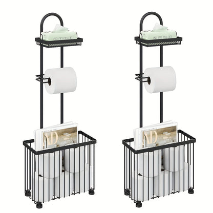 Freestanding Toilet Paper Holder with Rectangular Six-Roll Storage Basket, Upper Shelf and Pack Options
