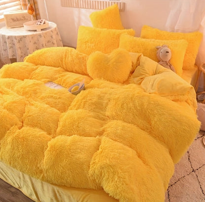 Plush Four-Piece Duvet Cover Set with Bed Sheet, Two Pillowcases, Queen or King Size and Eight Colors