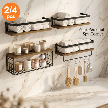 Rustic Wall-Mounted Shelf Sets in Two- or Four-Piece Configurations with Wood Platforms and Black Metal Storage Racks