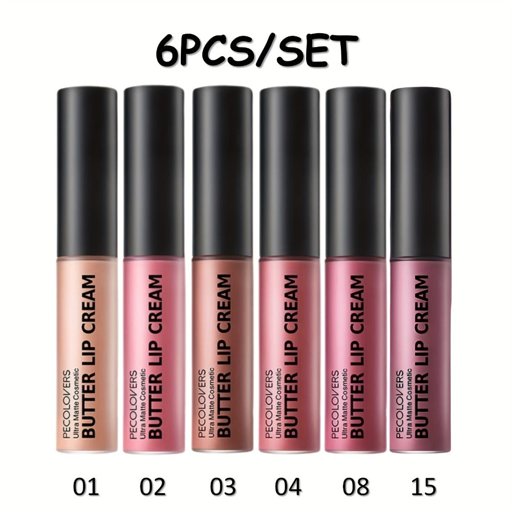 Lip Gloss Set by PECOLORS with 6 Nude Butter Lip Cream Shades, Tube Applicators and Display Box