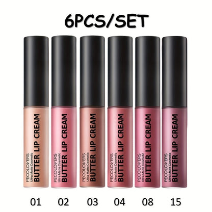 Lip Gloss Set by PECOLORS with 6 Nude Butter Lip Cream Shades, Tube Applicators and Display Box
