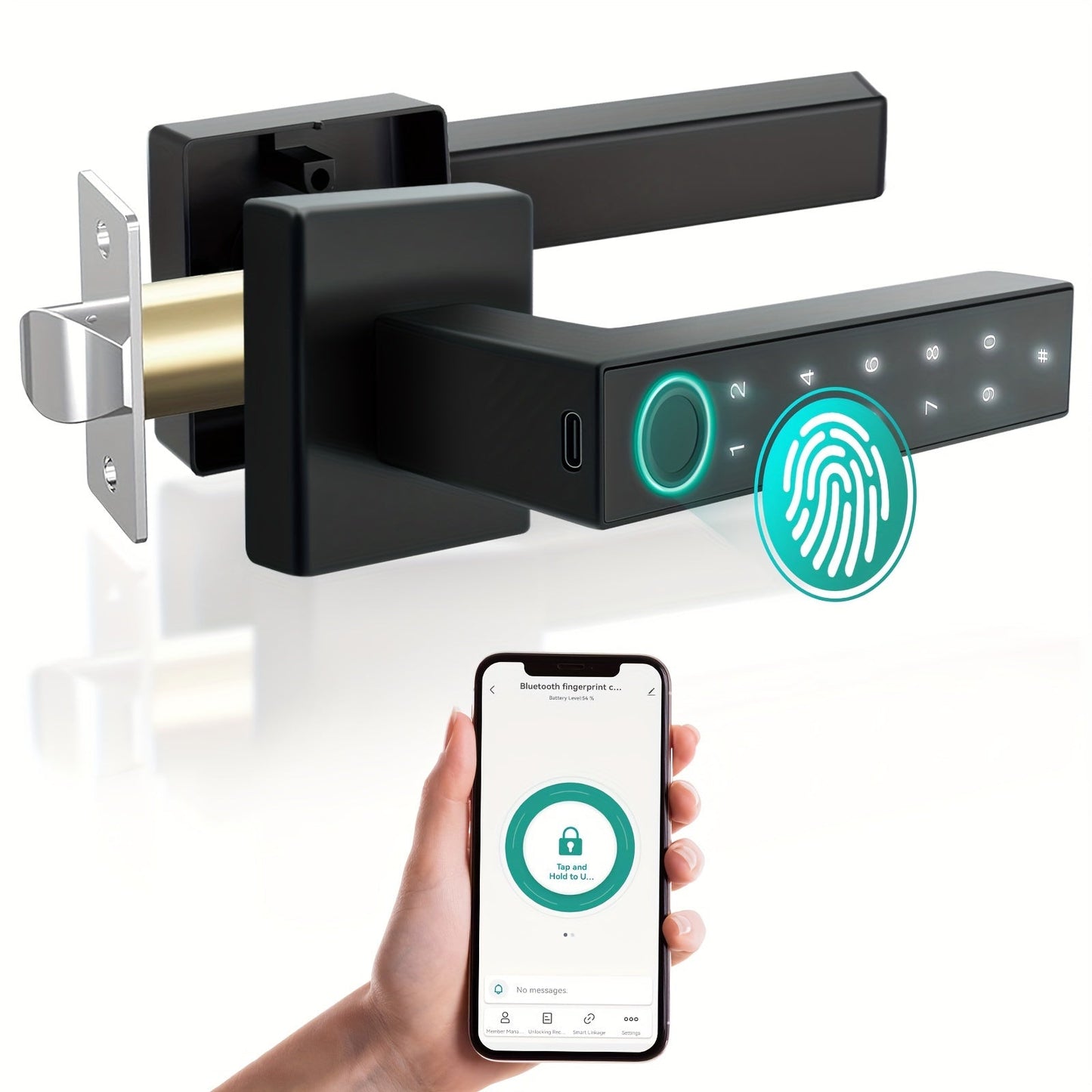 5-in-1 Smart Door Lock Handle with Fingerprint, App, Passcode, IC Card & Key - Anti-Peep, Left & Right Hand Compatible, Keyless Entry for Home, Office & Apartment, 2 IC Cards & 2 Keys Included