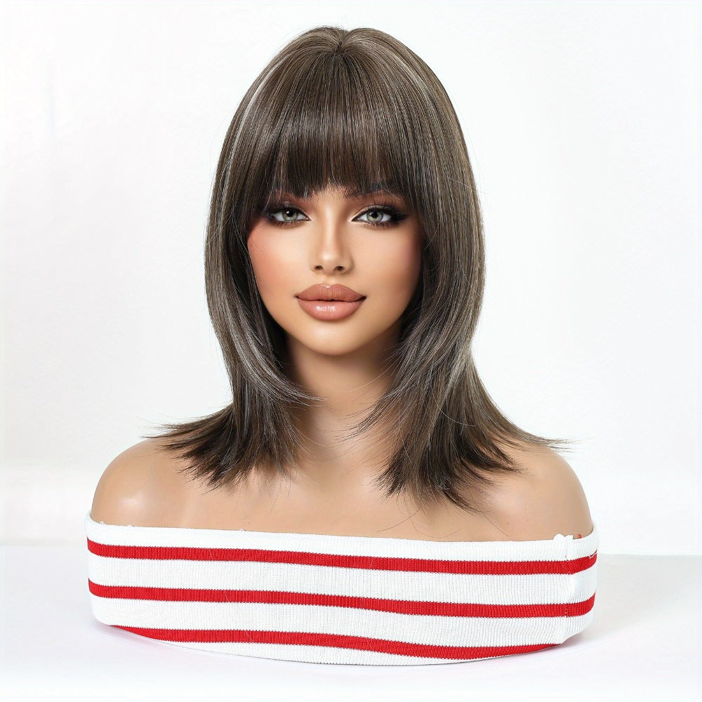 Synthetic Wig 14-Inch Layered Brown Highlight Ombre with Bangs and Heat-Resistant Rose Net Cap