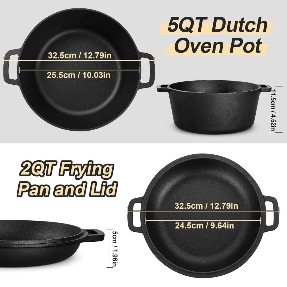 5QT Pre-Seasoned-Labeled Cast Iron Dutch Oven with Reversible 2QT Skillet Lid and Dual Loop Handles