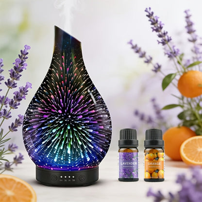 120ml Glass Essential Oil Diffuser with Teardrop Body, Four Timer Labels, Seven-Color Light and Oil Bundle