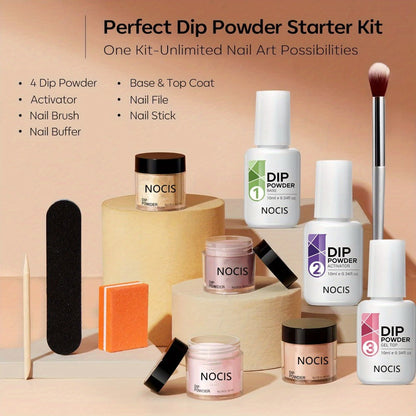 Dip Powder Nail Kit with NOCIS Label, Four Nude and Gold Glitter Powders, Three 10ml Liquids and Four Tools
