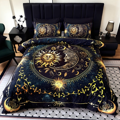 3-Piece Duvet Cover Set with Gold-Tone Sun, Moon, Star and Orbit Print in Twin to King Sizes