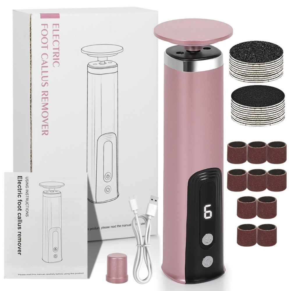 Rechargeable Electric Foot File & Callus Remover 2-in-1 with 2 Sanding Heads & 10 Replacement Sandpaper Pads Adjustable Speed USB Portable Pedicure Tool for Dry Dead Skin Cracked Heels Women Pink