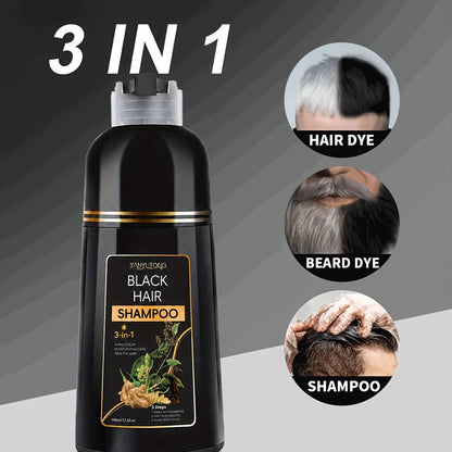 Hair Dye Shampoo, YANYUTONG 500ml Black 3-in-1 Bottle for At-Home Hair Color Application and Rinse Routine