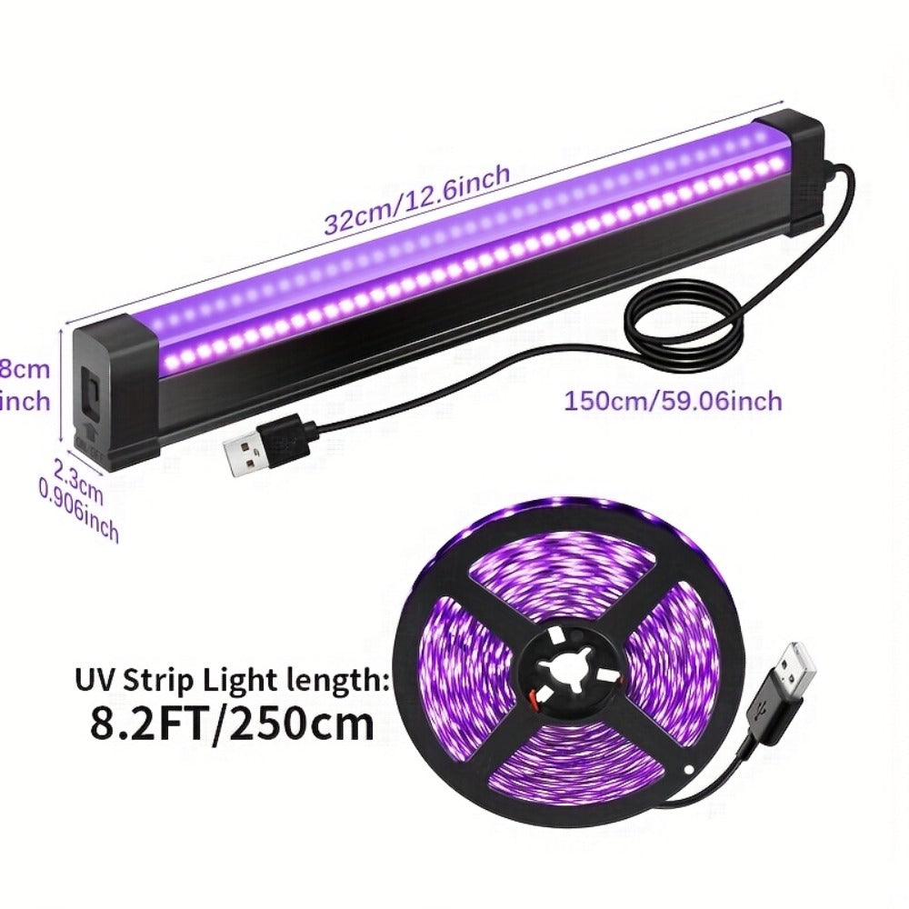 UV Black Light Bars & Strips 8-Piece Set – 385-400nm USB Powered 5V LED Blacklight for Glow Party, Halloween, Neon Party, Body Paint & Fluorescent Art (4x32cm + 4x250cm)