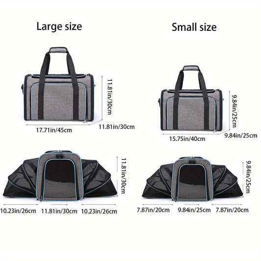 Airline Approved Expandable Pet Carrier Bag | Soft-Sided Polyester Travel Tote for Small Dogs & Cats, Removable Fleece Pad, Reflective Strips, Steel Frame, Top & Side Entry, Small & Large Size