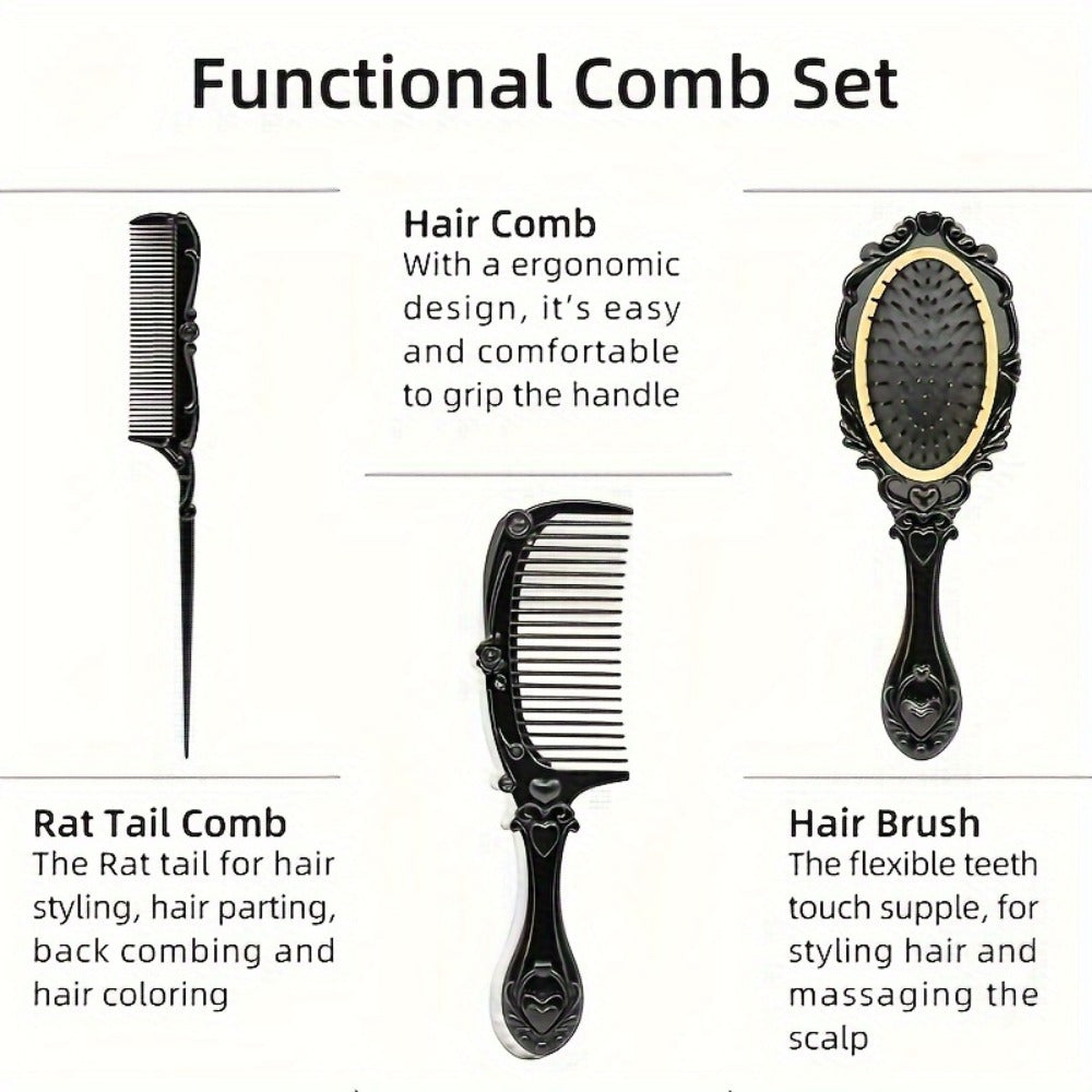 Retro Hair Comb Set with Mirror Scalp Massage Hairbrush Pocket Mirror Vintage Vanity Brush Set for Women Girls Travel Daily Grooming Makeup Gift Black