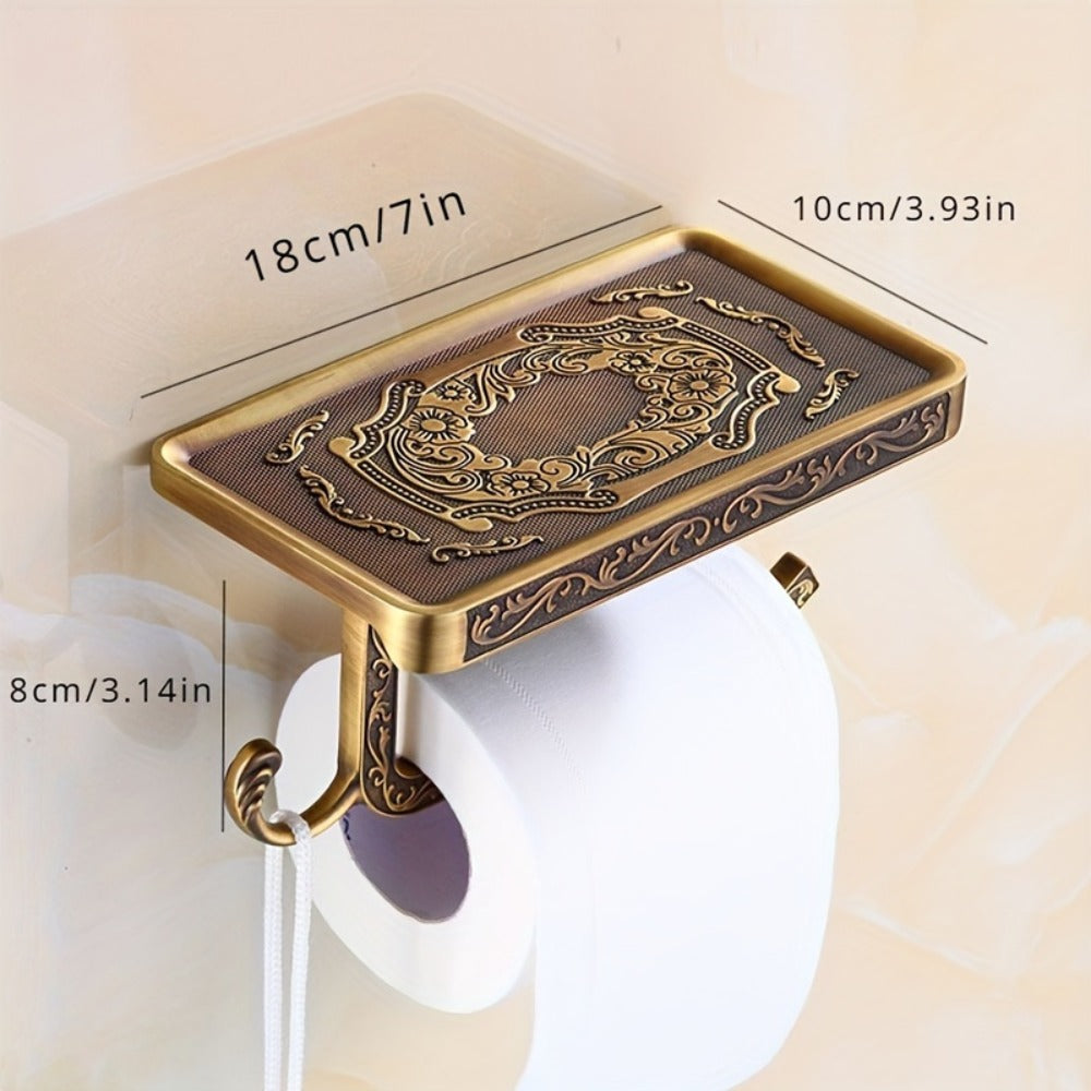 Golden Wall-Mounted Toilet Paper Holder with Embossed Vintage-Style Shelf, Roll Bar and Side Hook
