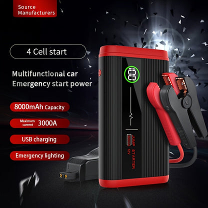 Lithium Jump Starter 3000A 8000mAh 12V Battery Pack USB-C Recharge Round LED Display for 6.0L Diesel 8.0L Gas Engines Compact Portable Emergency Booster