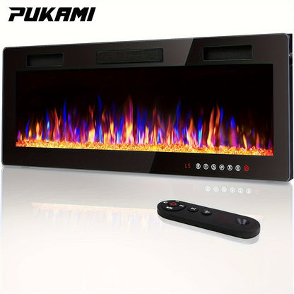 Wall Mounted Electric Fireplace Recessed In-Wall Linear Heater Multicolor Flame 750W/1500W Touch Screen for Garden, Patio and Yard Use