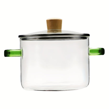 Glass Cooking Pot 54oz 1600ml Borosilicate Heat-Resistant with Lid – Transparent Dumpling & Ramen Pot for Stove & Oven | Odorless Easy-Clean Soup Milk Pot with Green or Yellow Stainless Steel Handle