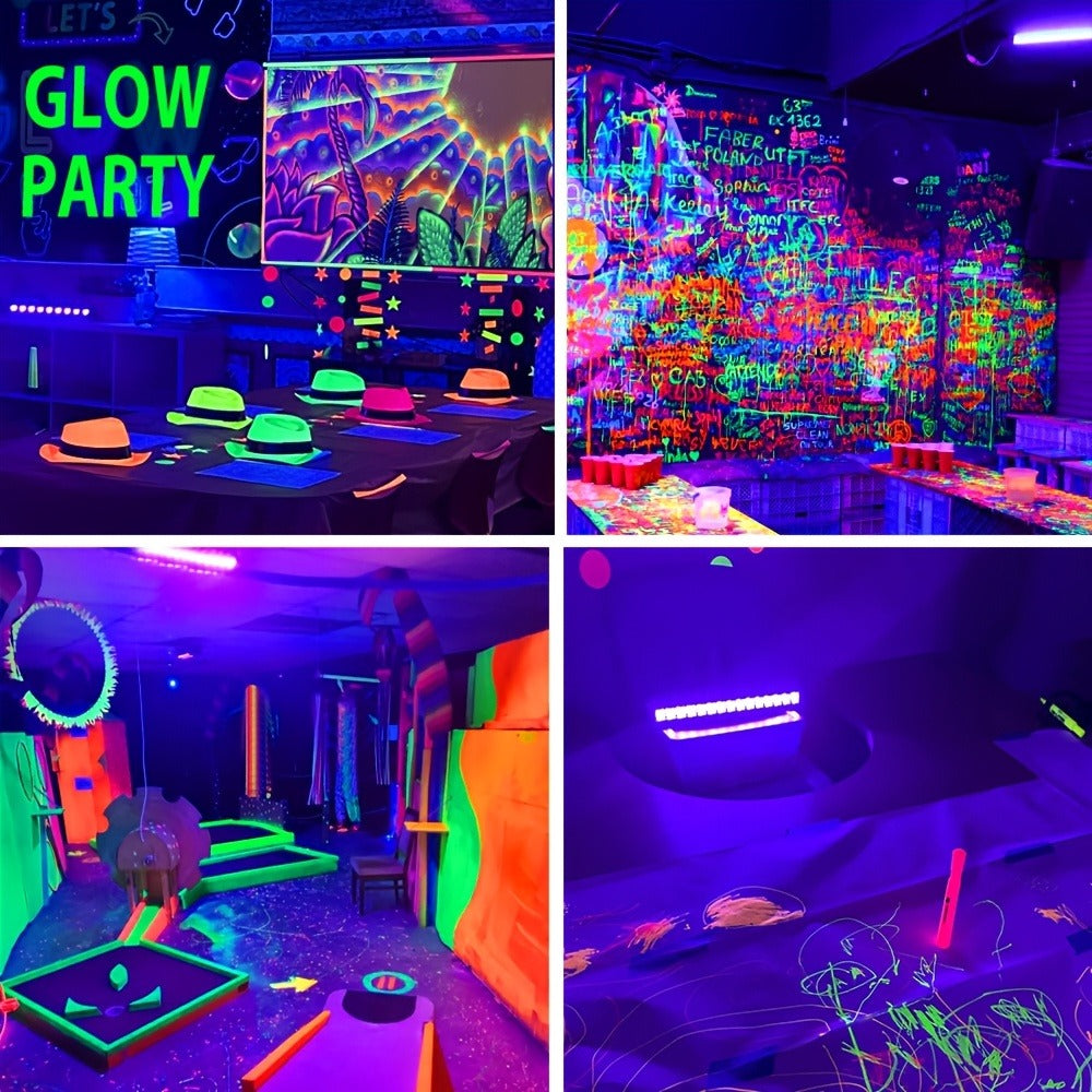 UV Black Light Bars & Strips 8-Piece Set – 385-400nm USB Powered 5V LED Blacklight for Glow Party, Halloween, Neon Party, Body Paint & Fluorescent Art (4x32cm + 4x250cm)