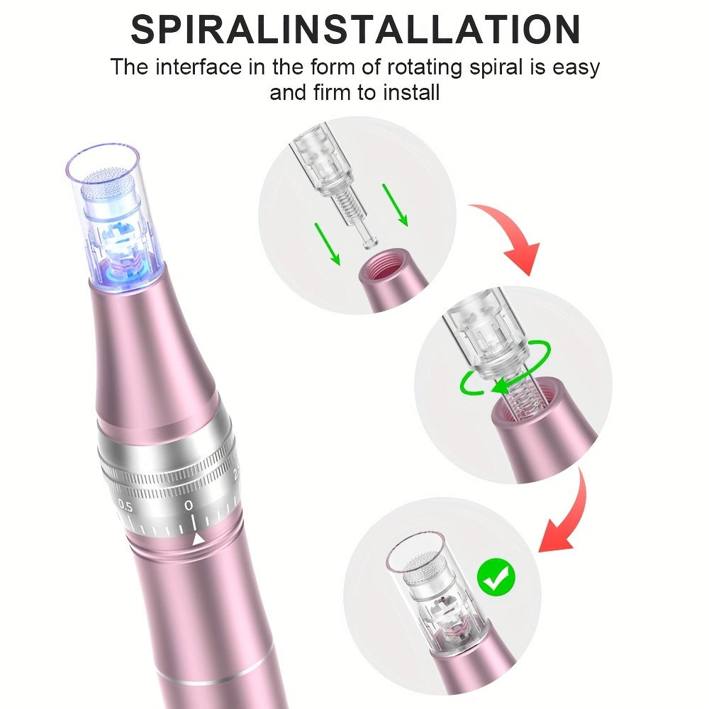 L6 Pink Microneedling Pen Kit with 10 Replacement Tips, Six Speed Levels and USB Charging Cable