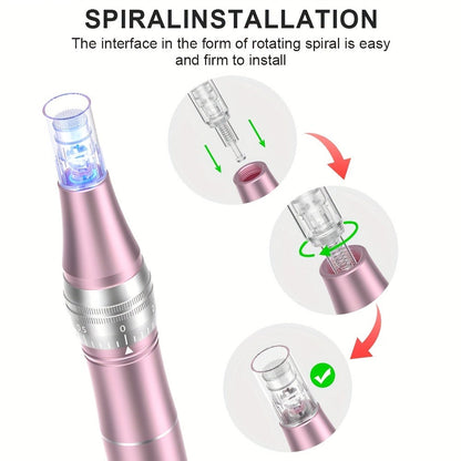 L6 Pink Microneedling Pen Kit with 10 Replacement Tips, Six Speed Levels and USB Charging Cable